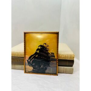 Vintage Reverse Painted Glass Silhouette Tall Ship Nautical Sunset Copper Frame